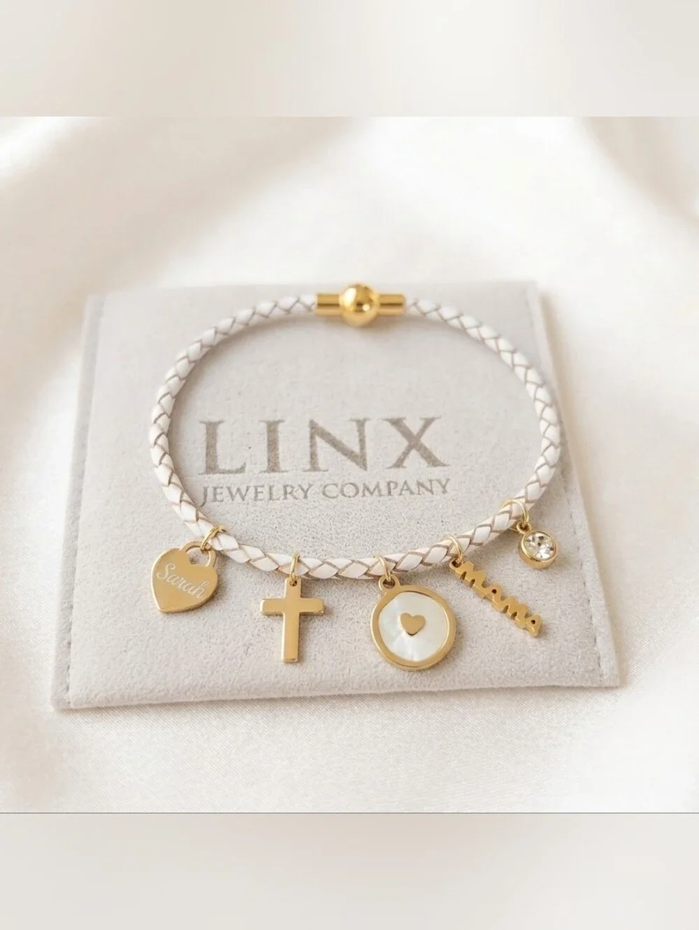 White Braided Leather Bolo Cord Bracelet With Charms